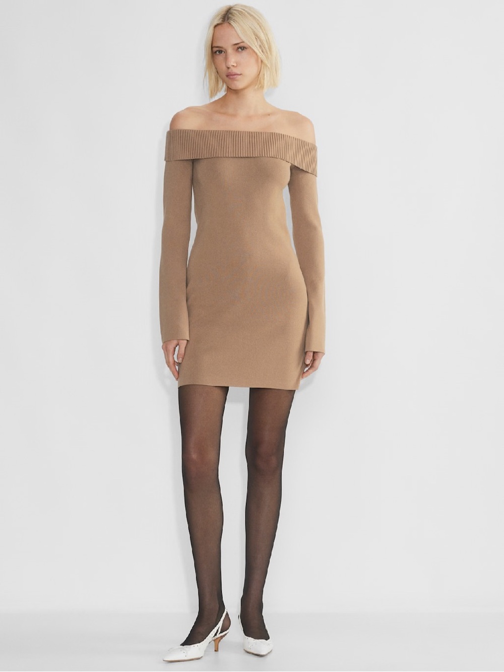 NWT Sunday Best Aritzia Off-Shoulder Knit Mini Dress - Constant Camel Sz L
